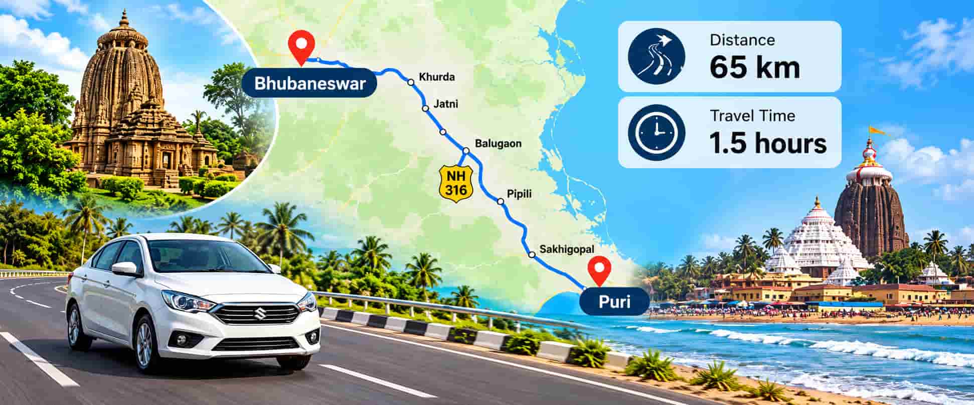 Bhubaneswar to Puri Route Map Bhubaneswar to Puri route map via NH-316 — 65 km distance, 1.5 hours travel time